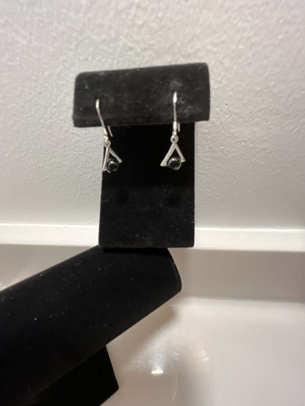 Sterling Silver Geometric Triangle Dangle Earrings with Black Onyx Beads